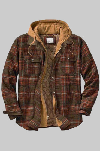 Dark Brown Fashion Casual Plaid Split Joint Hooded Collar Outerwear
