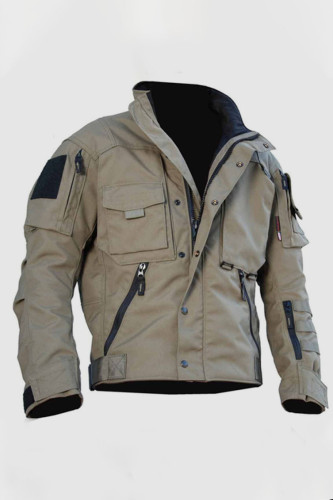 Lätt Khaki Casual Sportswear Solid Patchwork Pocket Zipper Dragkedja Ytterkläder