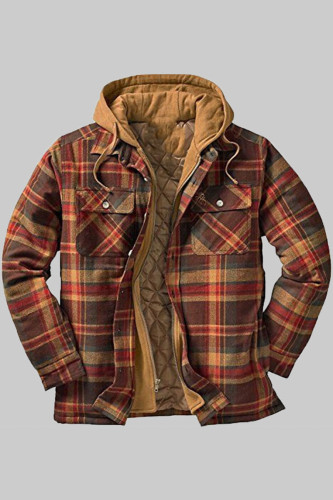 Brown Fashion Casual Plaid Split Joint Hooded Collar Outerwear