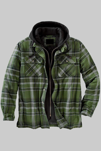 Black Green Fashion Casual Plaid Split Joint Hooded Collar Outerwear