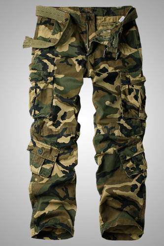 Camouflage Casual Solid Split Joint Pocket Rak Rak Solid Color Byxor