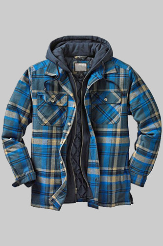 Blue Fashion Casual Plaid Split Joint Hooded Collar Outerwear