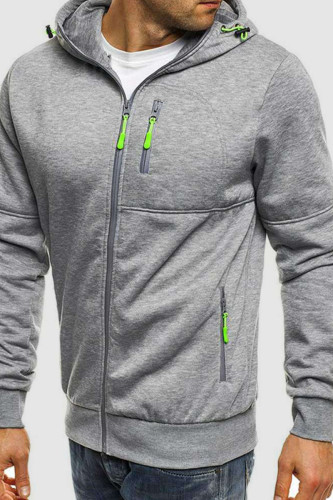 Grey Casual Solid Split Joint Zipper Hooded Collar Outerwear