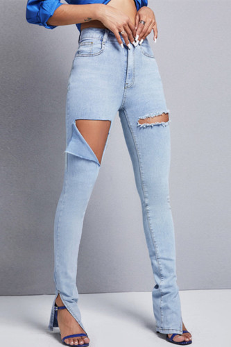 Jeans jeans skinny casual fashion casual sólido rasgado com fenda e cintura alta