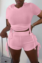 Pink Fashion Casual Solid Bandage Hooded Collar Short Sleeve Two Pieces
