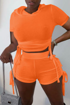 Orange Fashion Casual Solid Bandage Hooded Collar Short Sleeve Two Pieces