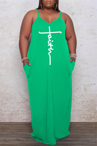 Vestido longo verde Sexy casual estampado básico com alça de espaguete vestidos plus size