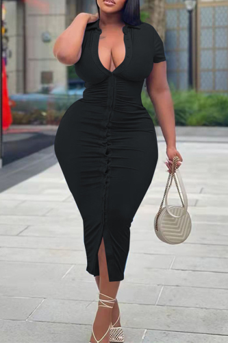 Black Sexy Solid Split Joint Turndown Collar Irregular Dress Plus Size Dresses