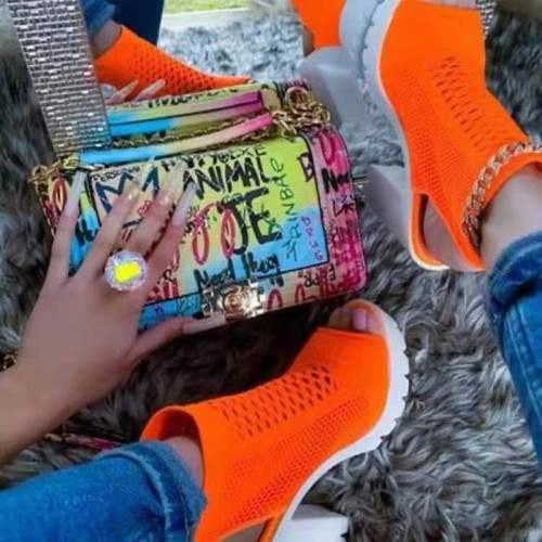 Sapatos de cunha de peixe laranja moda casual vazado patchwork cor sólida