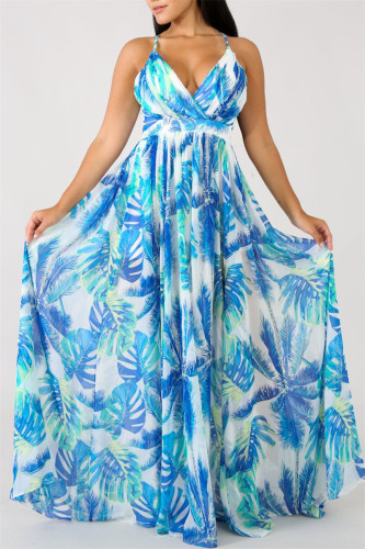 Blå Mode Casual Print Backless V-hals Sling Dress