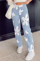 Babyblått Mode Casual Print Basic Hög midja Vanliga jeans jeans