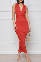 Red Fashion Sexy Solid Backless Fold V Neck Sleeveless Dress