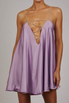 Light Purple Sexy Solid Patchwork Chains Asymmetrical Spaghetti Strap A Line Dresses