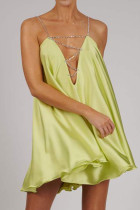 Green Yellow Sexy Solid Patchwork Chains Asymmetrical Spaghetti Strap A Line Dresses
