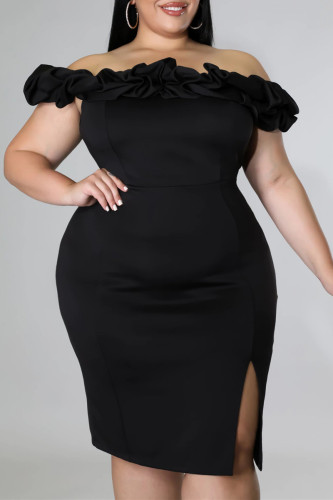 Vestido de noite preto fashion sexy plus size sólido patchwork sem costas com decote ombro a ombro