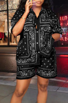 Black Casual Print Split Joint Buckle Turndown Collar Short Sleeve Two Pieces