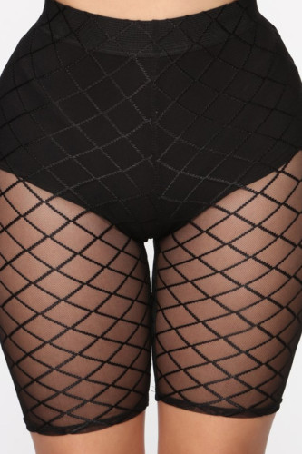 Shorts preto fashion sexy patchwork transparente de cintura alta