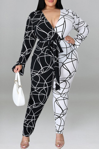 Macacão branco moda casual estampado com cinto com decote em V plus size