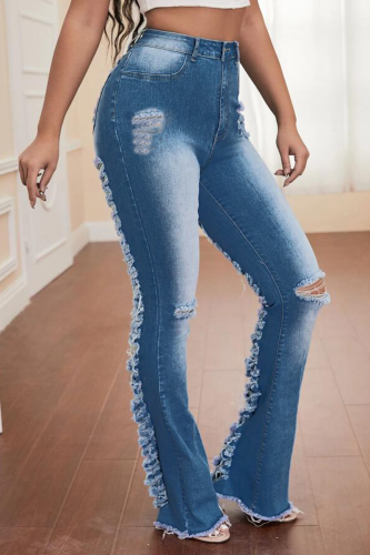 Jeans jeans azul Sexy sólido rasgado cintura média com corte de bota