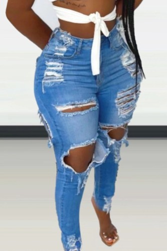 Blå Mode Casual Solid Ripped High Waist Skinny Denim Jeans