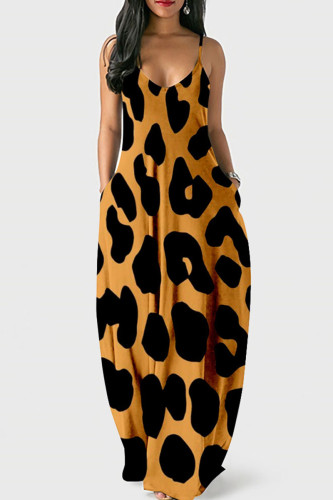 Robe longue mode sexy imprimé décontracté léopard dos nu bretelles spaghetti orange