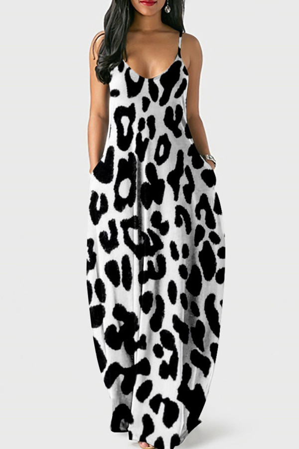 Vestido longo preto branco fashion sexy casual estampa leopardo sem costas com alça de espaguete