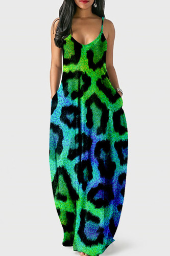 Turquoise Fashion Sexy Casual Print Leopard Backless Spaghetti Strap Long Dress
