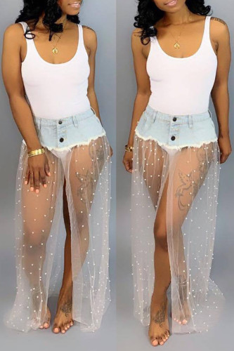 Calças de retalhos retas com estampa sexy branca transparente transparente cintura média