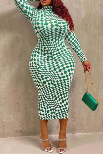 Blanc Vert Fashion Casual Plaid Print Basic Col Roulé Manches Longues Plus La Taille Robes