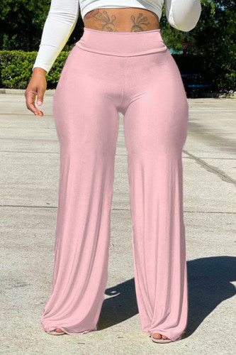 Calças retas de cor sólida rosa casual com juntas divididas cintura alta