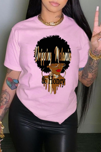 T-shirt basic o collo con stampa casual alla moda rosa