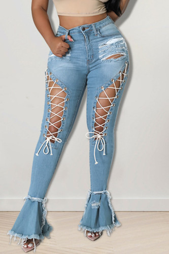 Baby Blue Sexy Street Solid strappato crea vecchi jeans a vita alta con taglio a stivaletto