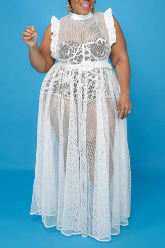 White Sexy Solid Split Joint See-through Flounce O Neck Straight Plus Size Dresses
