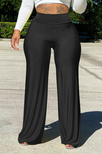 Calças retas de cor sólida preta casual dupla cintura alta cintura alta