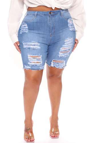 Shorts jeans casual moda casual liso rasgado regular cintura alta azul claro cor sólida plus size