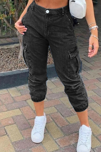 Jeans jeans preto moda casual sólido com divisão de cintura alta regular