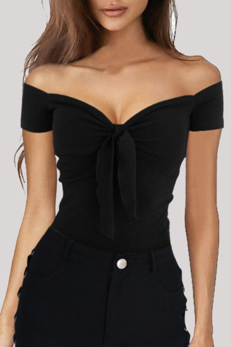 Black Fashion Casual Solid Backless Off the Shoulder T-Shirts