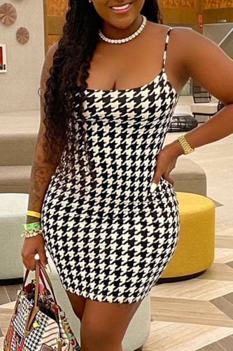 Black And White Sexy Casual Print Backless Spaghetti Strap Sleeveless Dress Plus Size Dresses
