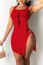 Röd Mode Sexig Print Slit U-hals Västklänning