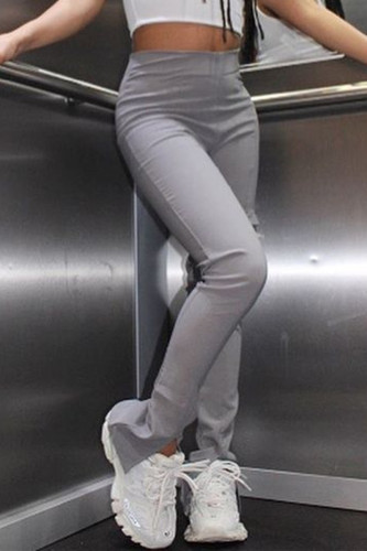 Pantaloni a vita alta skinny casual con spacco solido grigio moda