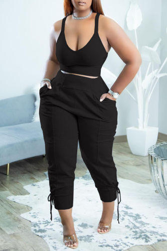 Black Sexy Solid Patchwork V Neck Plus Size Two Pieces