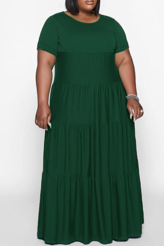 Vestidos de patchwork liso verde casual com decote em O e tamanhos grandes