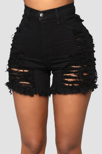 Noir Sexy Street Solid Ripped Make Old Patchwork Short en jean taille haute