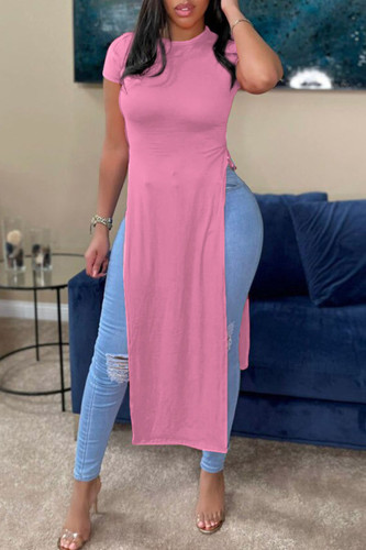 Pink Casual Solid Split Joint Slit O Neck T-Shirts