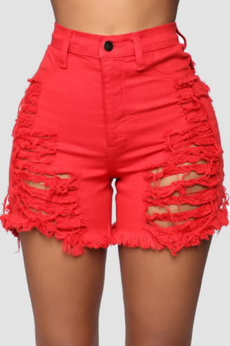 Red Sexy Street Solid Ripped Make Old Patchwork Short en jean taille haute