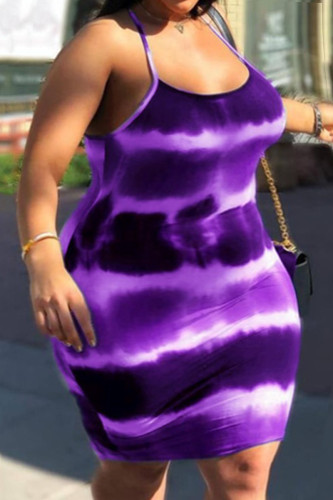 Lila Mode Sexig Plus Size Print Tie Dye Backless Spaghetti Strap Ärmlös klänning
