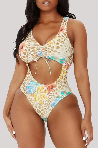 Multicolor Fashion Sexy Print Hollowed Out Backless Swimwears (With Paddings)