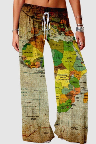 Pantaloni con stampa di posizionamento dritto a vita alta patchwork con stampa casual verde
