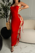 Red Sexy Solid Draw String Spaghetti Strap Pencil Skirt Dresses