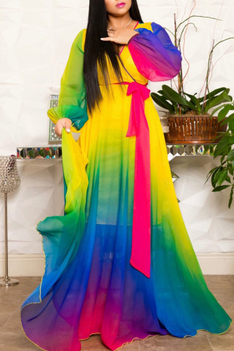 Vestidos retos com decote em V e estampa casual elegante cor de arco-íris